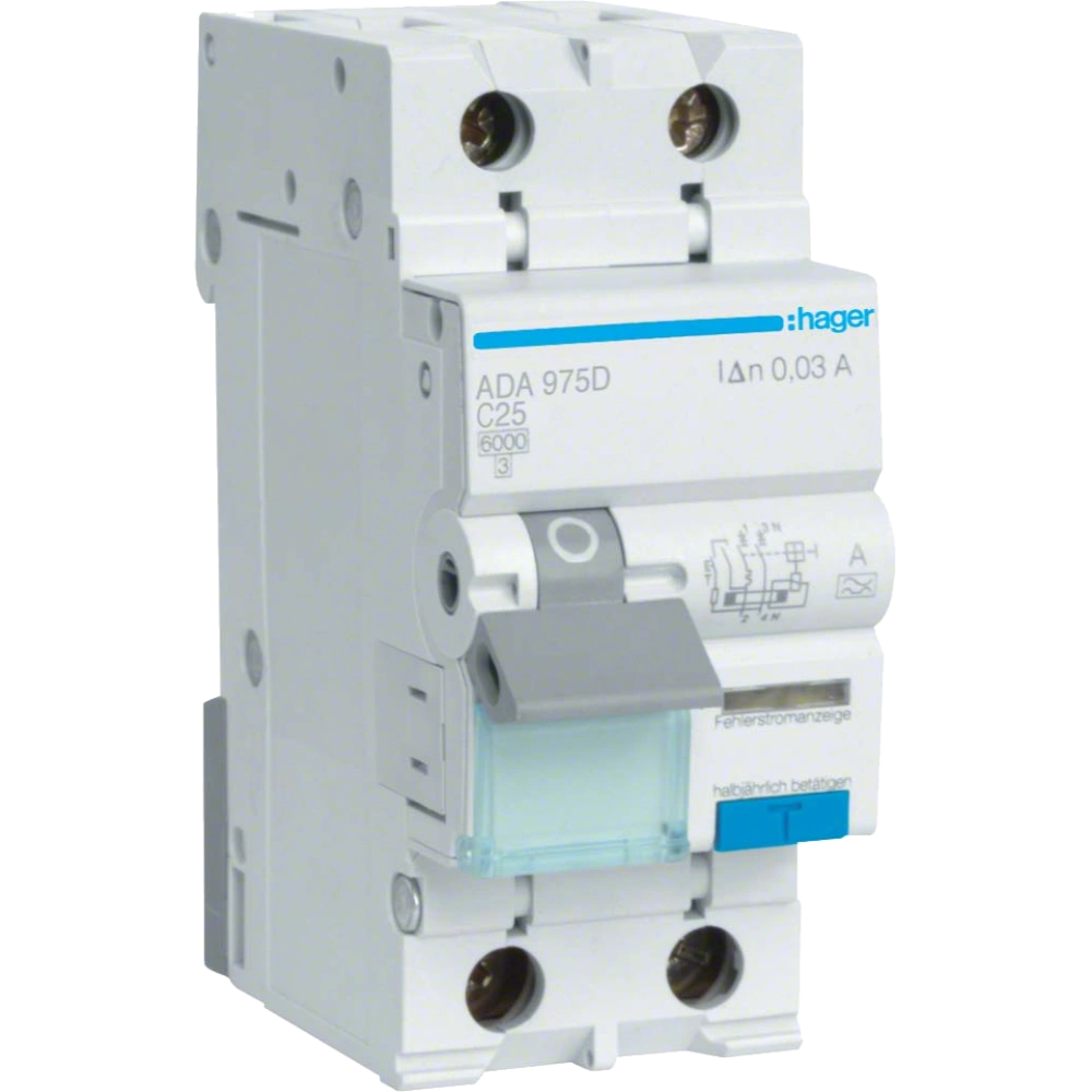 hager ada975d дифавтомат 1p+n, 6ka, c-25a, 30ma, a