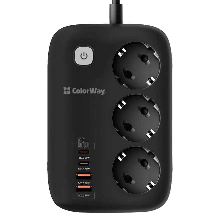 сolorway cw-che34pdb 3 розетки/4usb gan3 pro pd мережевий фільтр