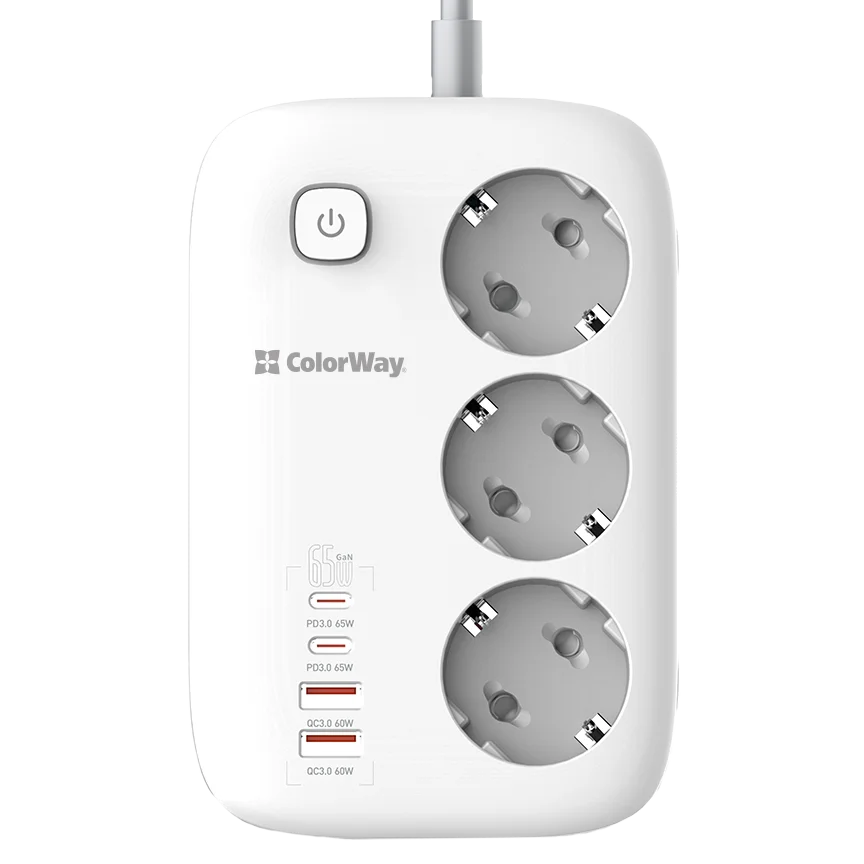 сolorway cw-che34pdw 3 розетки/4usb gan3 pro pd мережевий фільтр